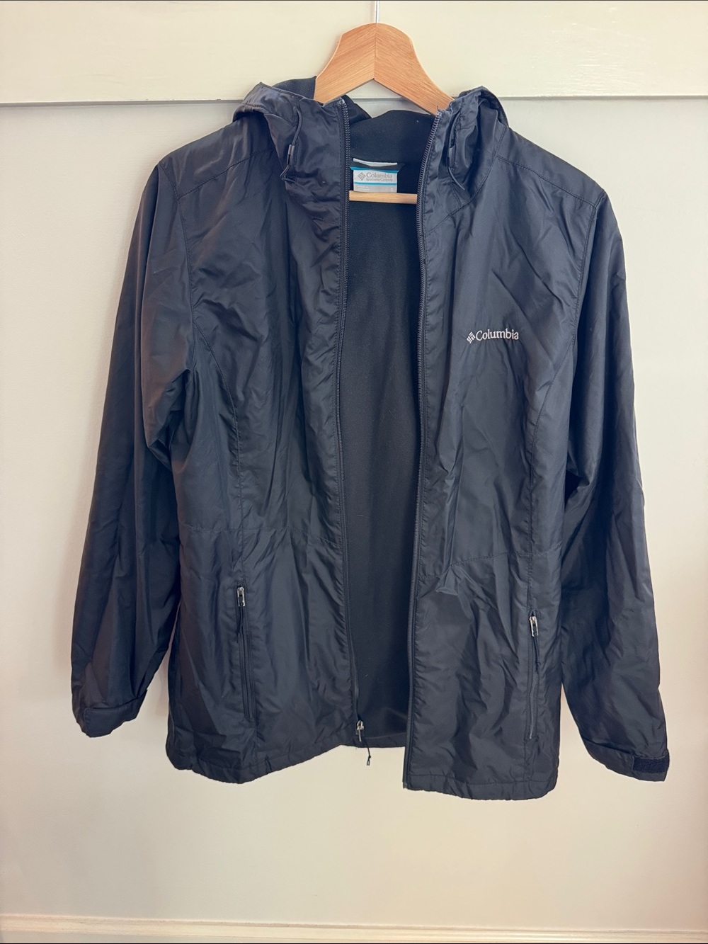 Columbia Black Hooded Rain Jacket Fleece Lined Lightweight Women’s Size S